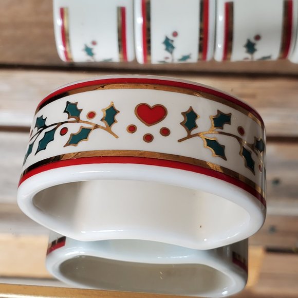 Porcelain Christmas Napkin Rings by Crowning Touch - Hearts, Holly, 24K Gold - Picture 6 of 7